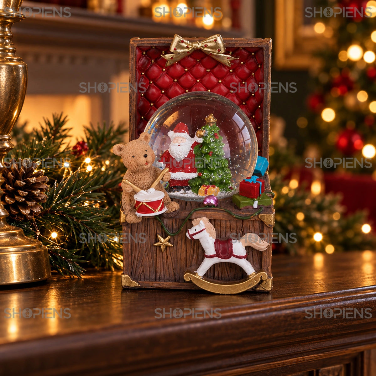 Cufăr muzical cu glob, Moș Crăciun și jucării, 13,5 cm în decor festiv de seară | Shopiens®