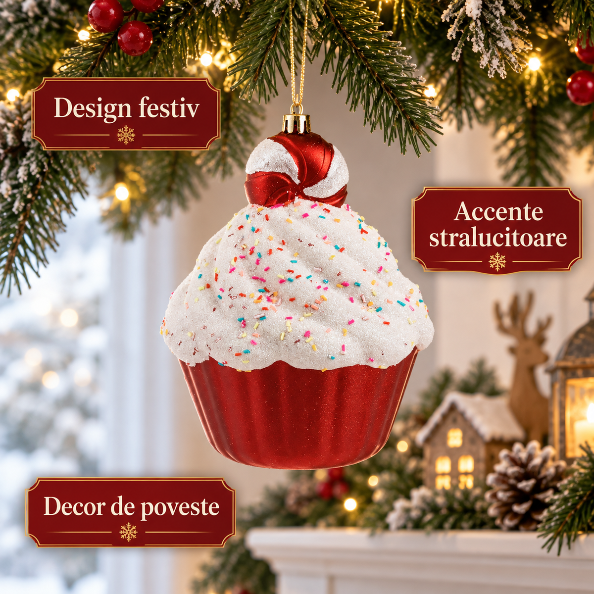 Cupcake Candy Cu Glitter, Ornament De Brad, 17 Cm - avantaje - Shopiens