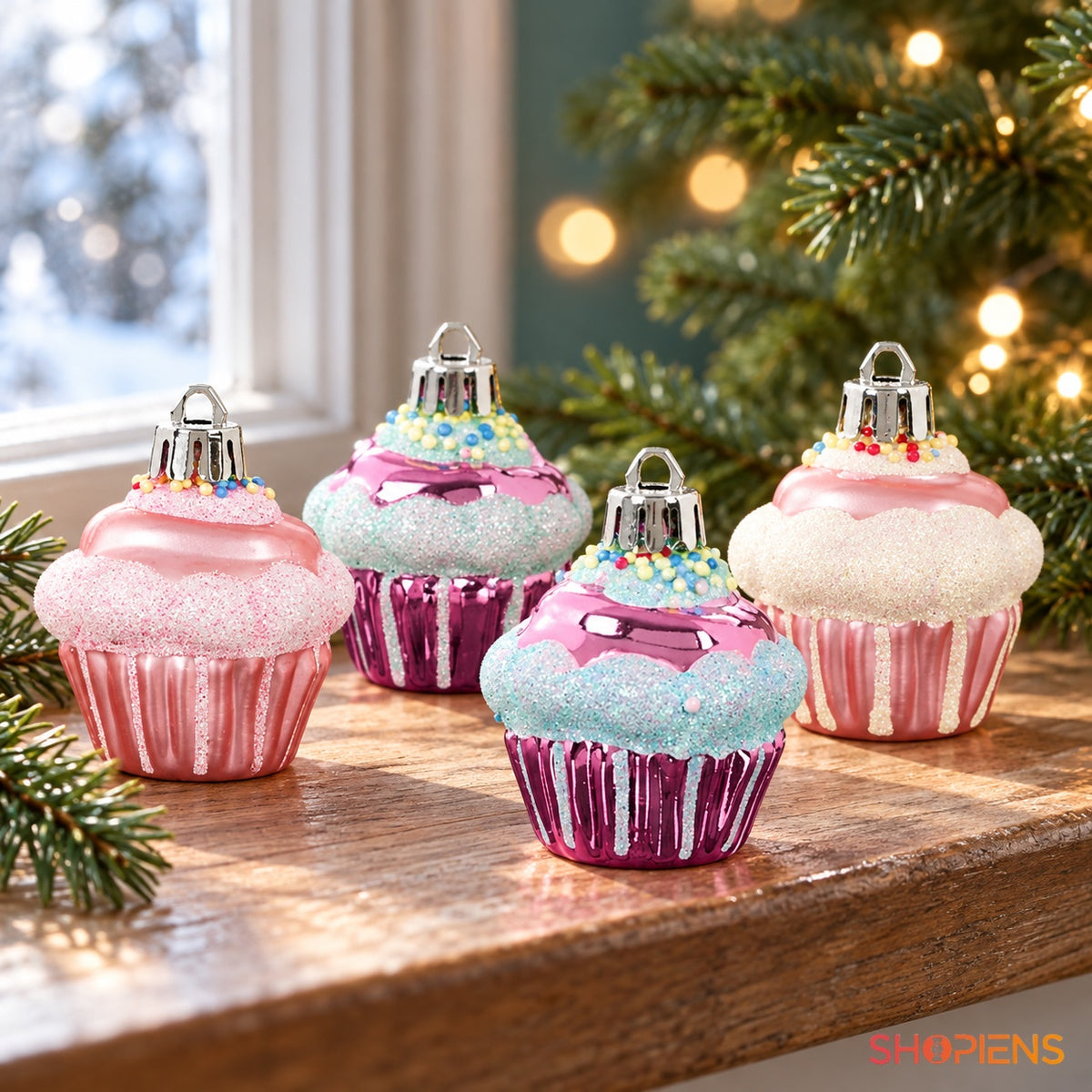 Patru cupcake-uri decorative roz și mov cu glitter lângă brad – Shopiens