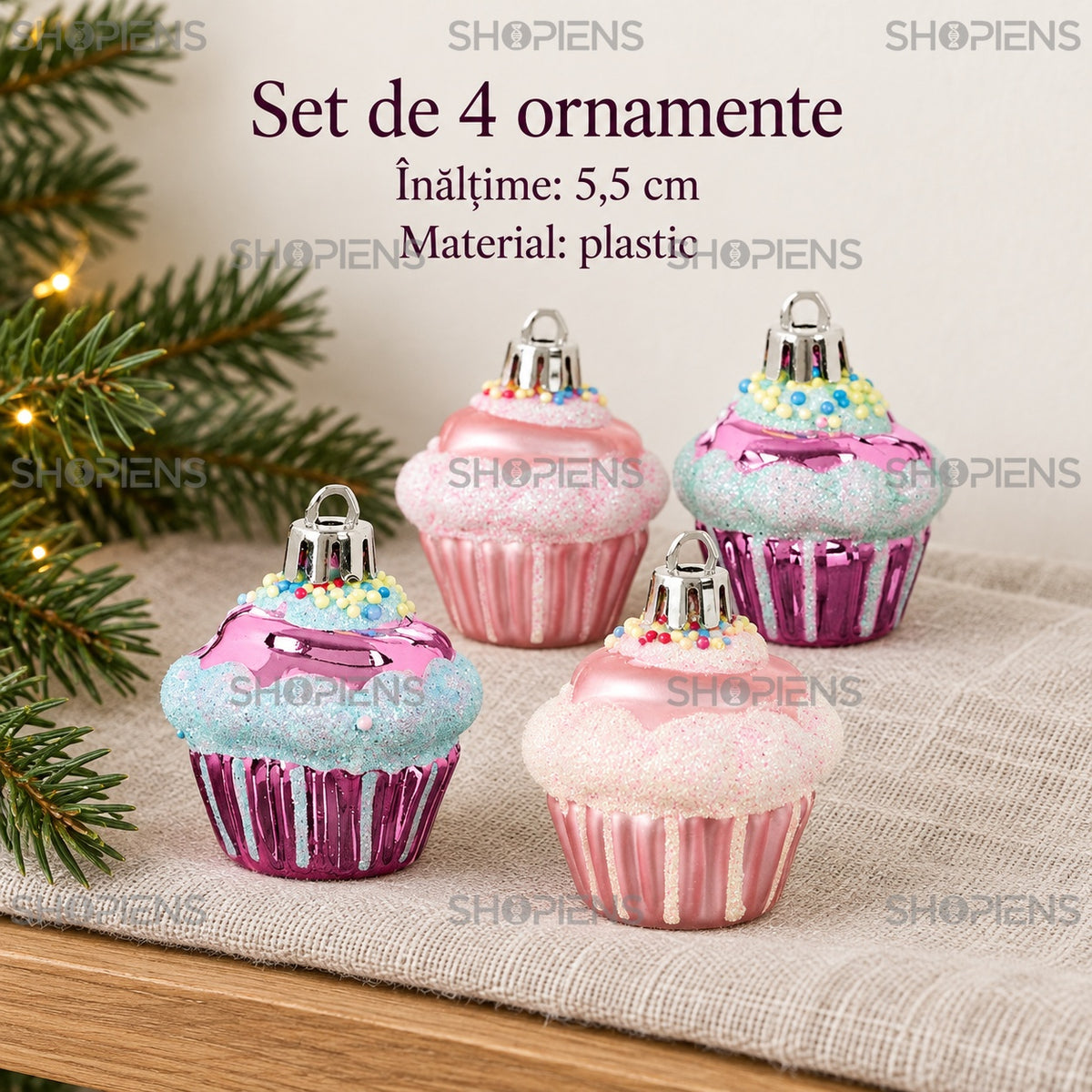Cupcake-uri roz și mov pentru brad, set 4, 5,5 cm – specificații – Shopiens