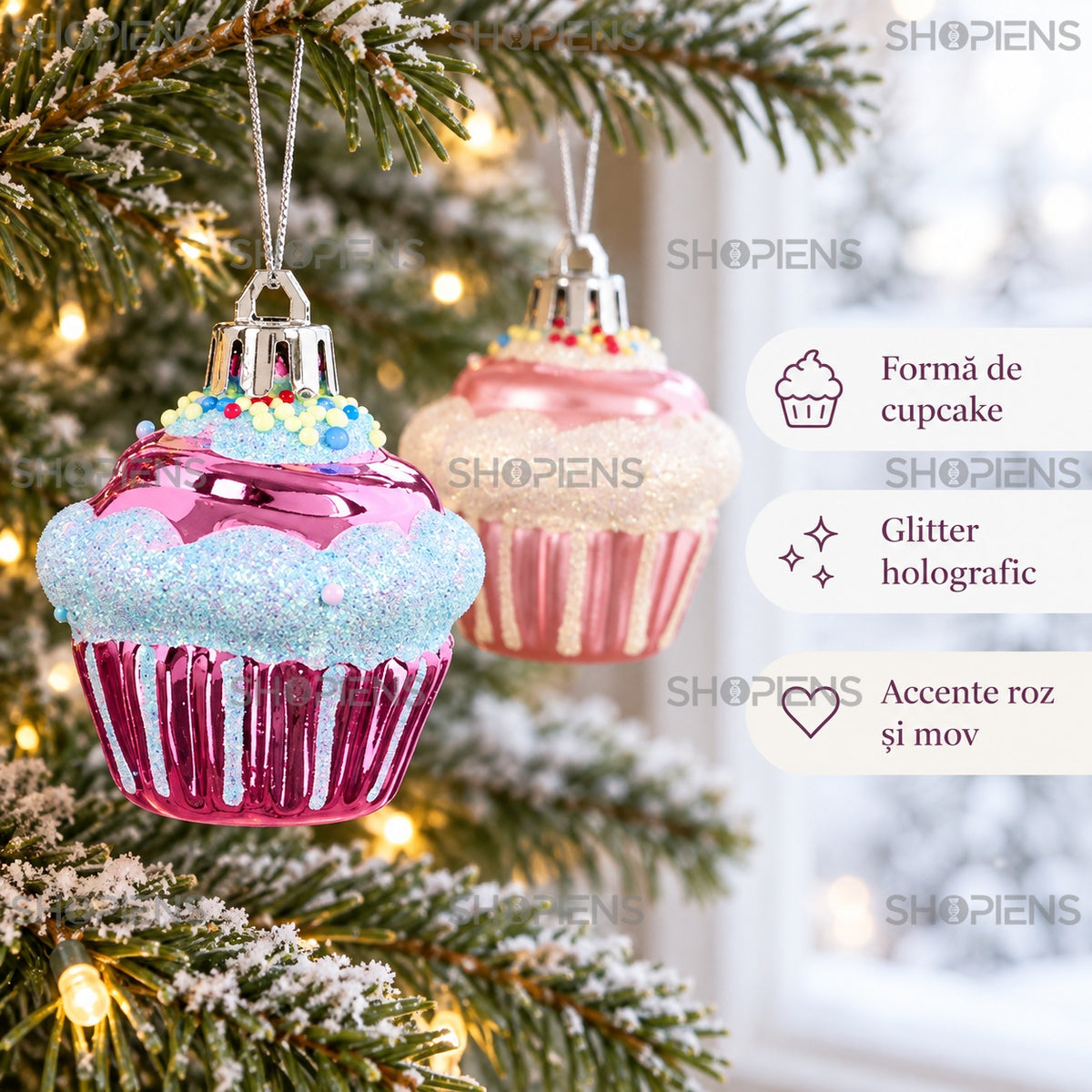 Cupcake-uri roz și mov pentru brad, set 4, 5,5 cm – detalii decorative – Shopiens