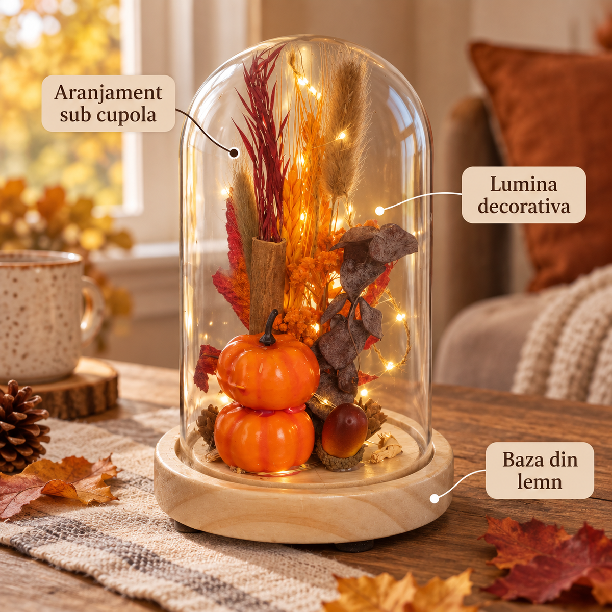 Cupola De Sticla Cu Dovleci Si Lumina, 12 X 18 Cm - avantaje - Shopiens