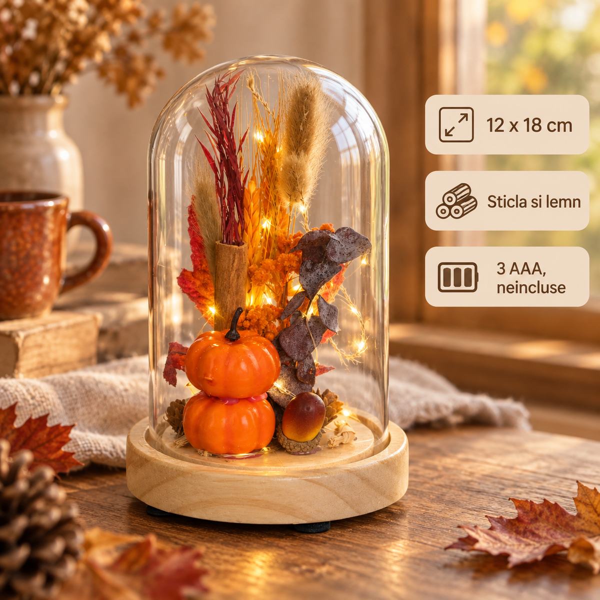 Cupola De Sticla Cu Dovleci Si Lumina, 12 X 18 Cm - specificatii - Shopiens