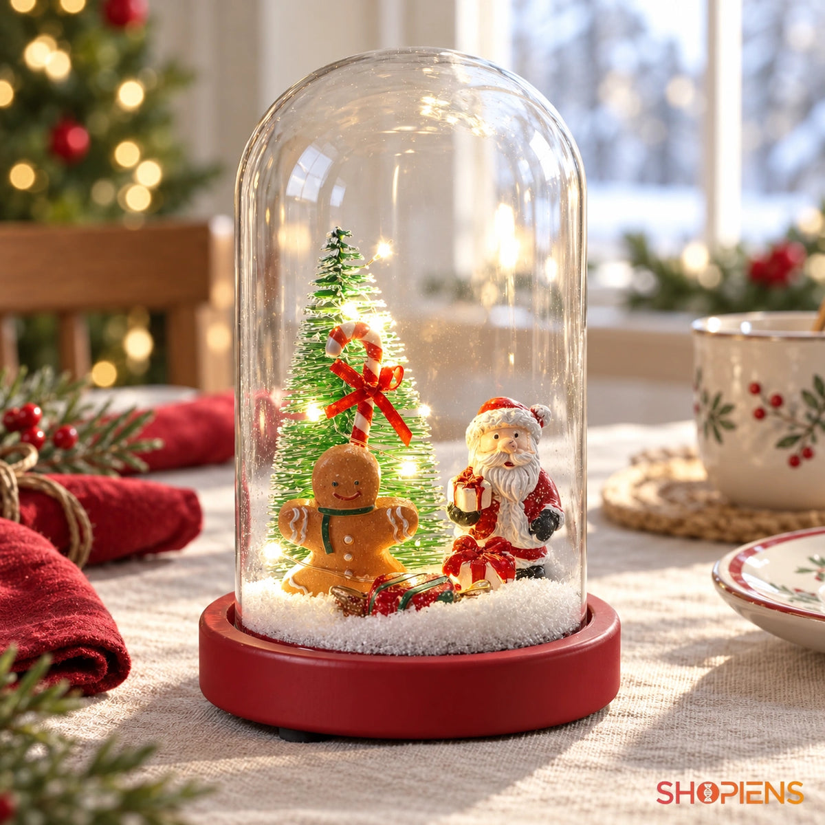 Cupolă cu Moș Crăciun și om de turtă dulce, 20 cm pe masa festivă, în lumină naturală | Shopiens®