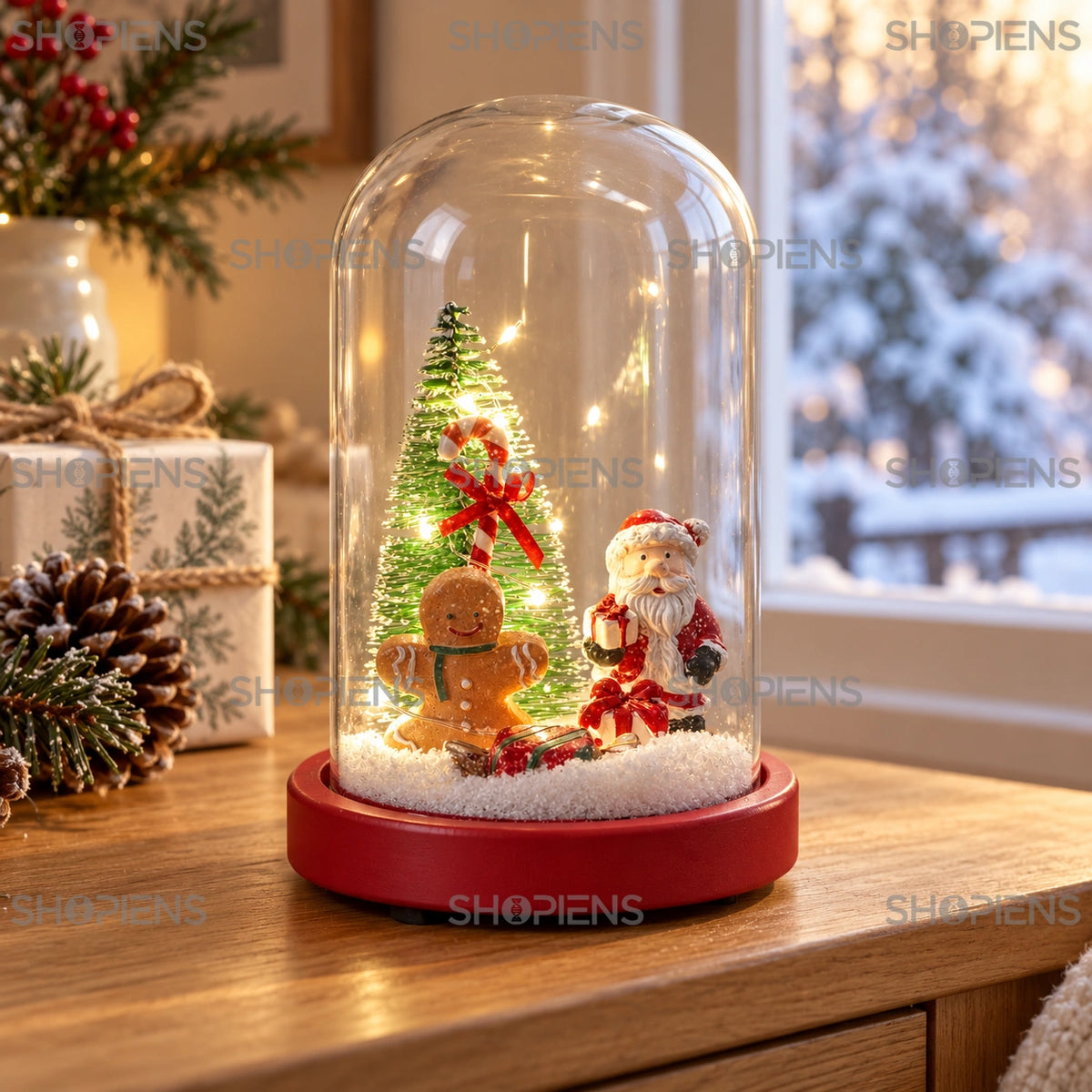 Cupolă cu Moș Crăciun și om de turtă dulce, 20 cm pe o consolă lângă fereastră, într-un decor de iarnă | Shopiens®