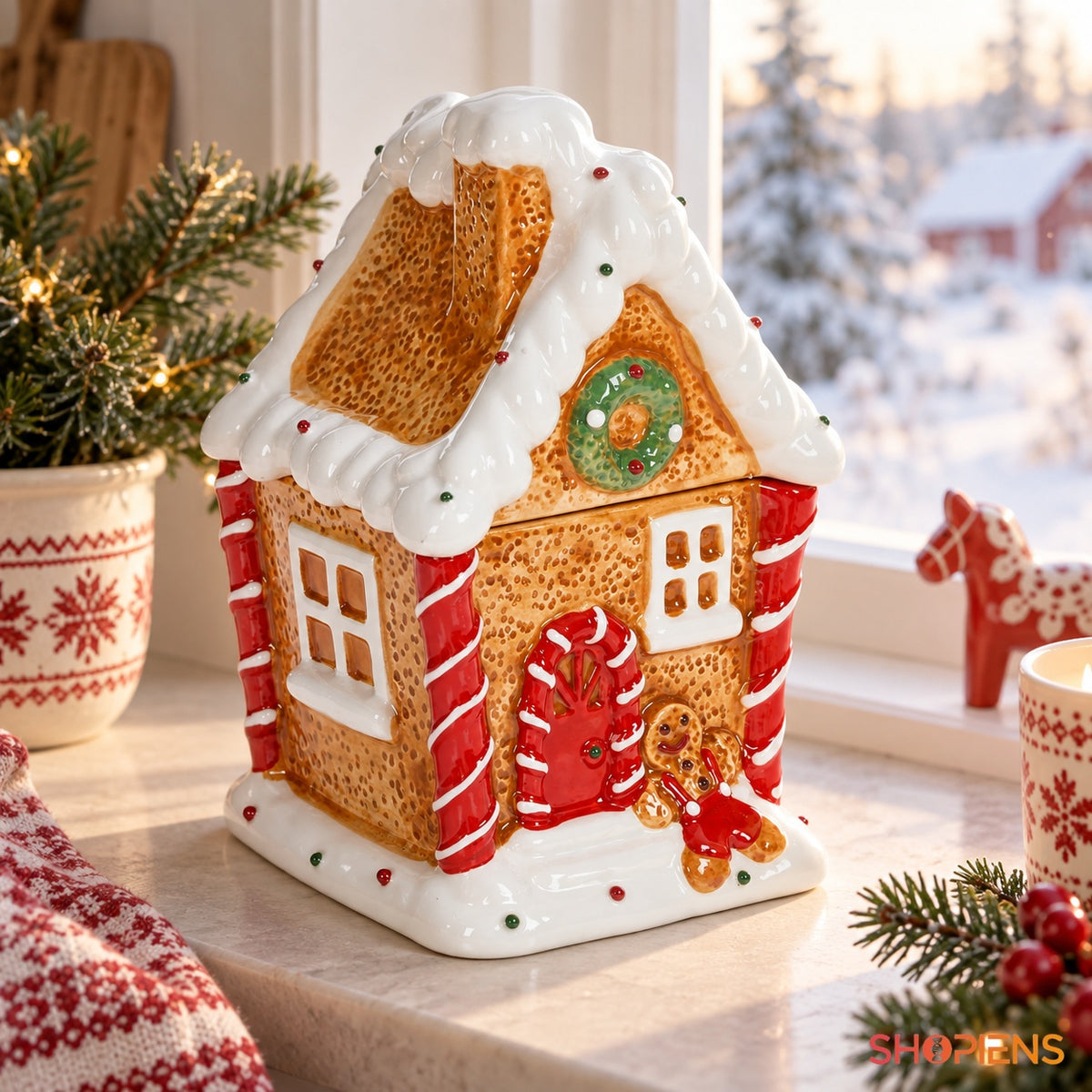 Cutie pentru biscuiți căsuță din turtă dulce în decor de Crăciun