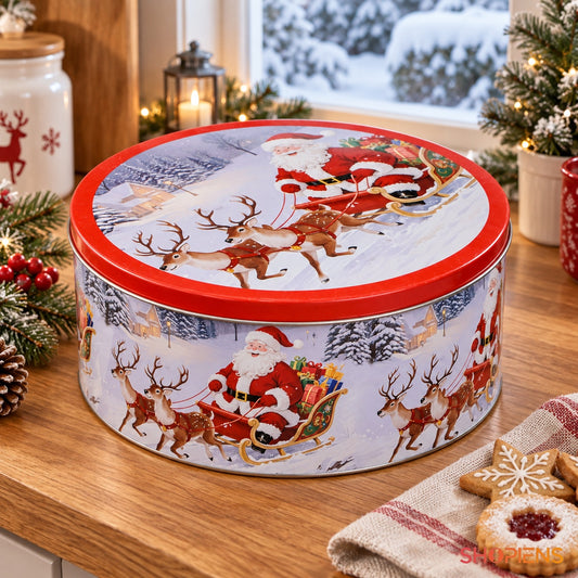 Cutie rotundă cu Moș Crăciun în sanie în decor de Crăciun