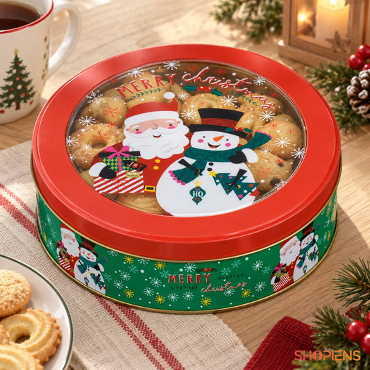 Cutie rotundă verde cu fereastră și om de zăpadă în decor de Crăciun