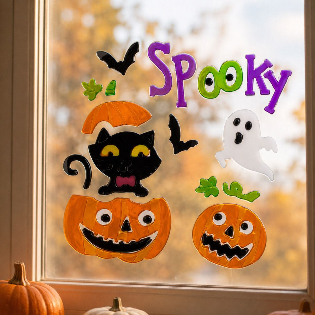Decor Gel Pentru Geam Cu Pisica, Fantoma Si Dovleci - Shopiens