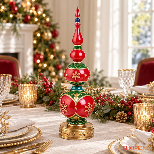 Decorațiune cu globuri roșii suprapuse și vârf, 40 cm pe masa festivă, în lumină naturală | Shopiens®