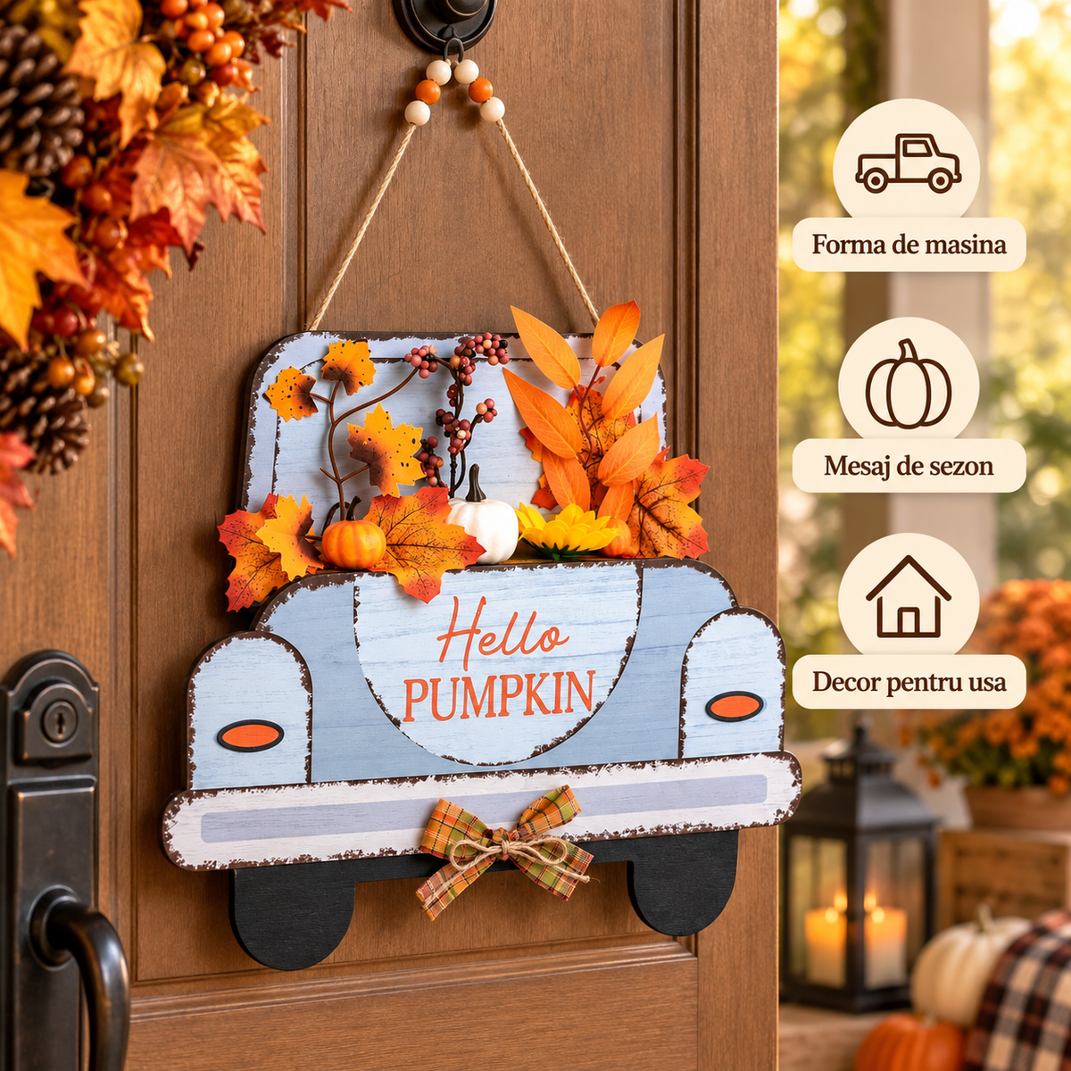 Decoratiune Masina Hello Pumpkin Pentru Usa Si Perete - avantaje - Shopiens
