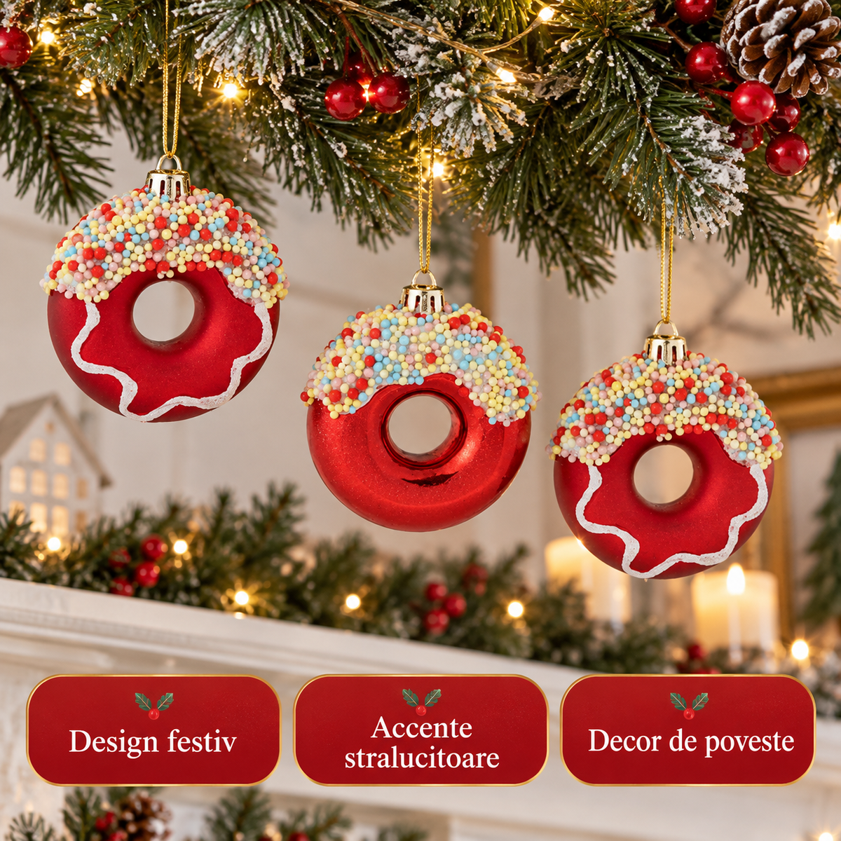 Donuts Festivi, Set 3 Ornamente Pentru Brad, 8 Cm - avantaje - Shopiens