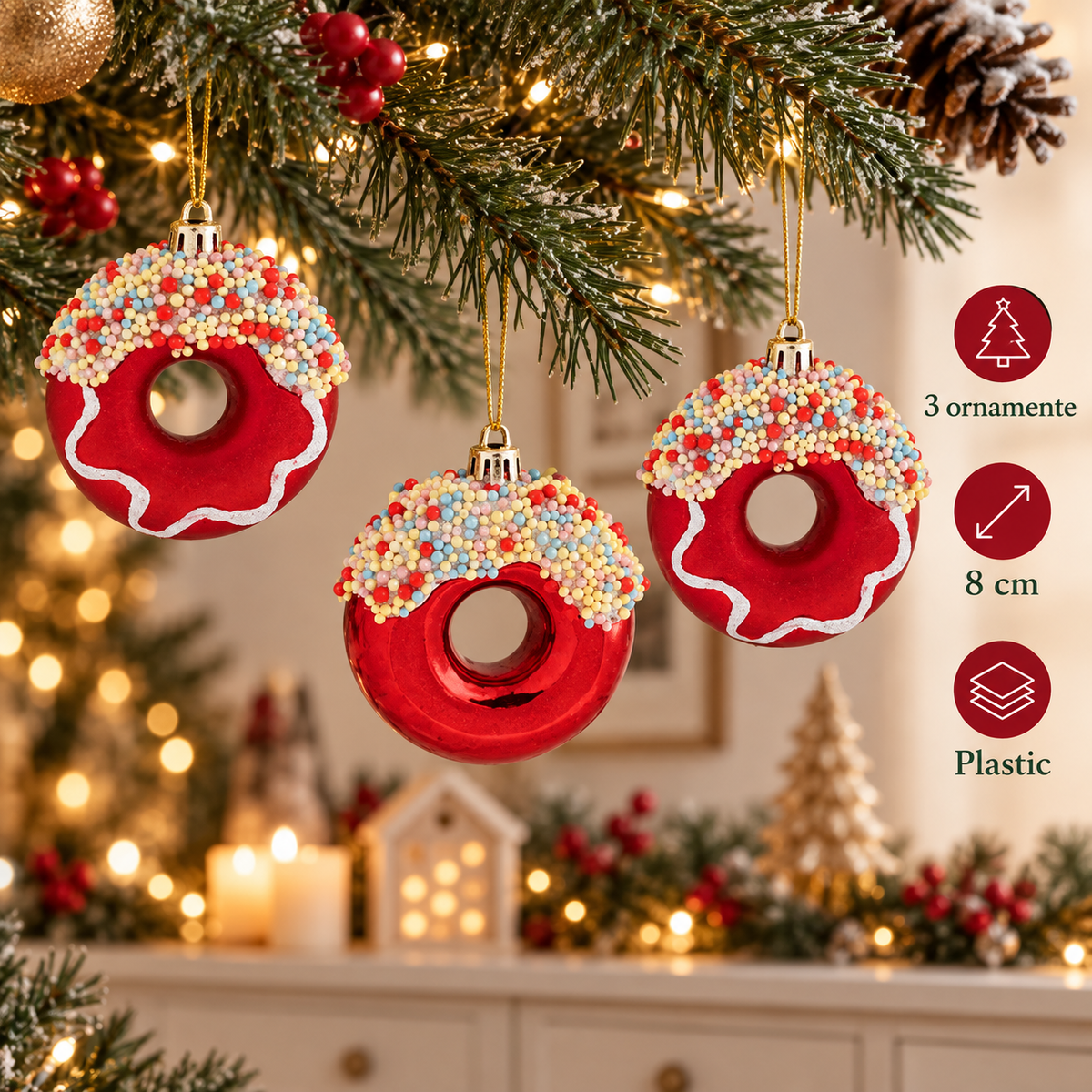 Donuts Festivi, Set 3 Ornamente Pentru Brad, 8 Cm - specificatii - Shopiens