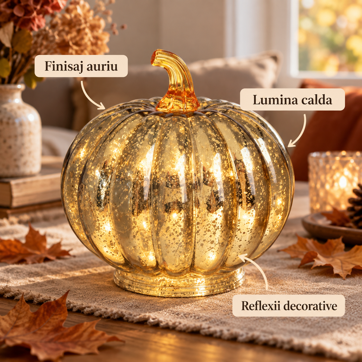 Dovleac Auriu Din Sticla Cu Lumina LED De Toamna - avantaje - Shopiens