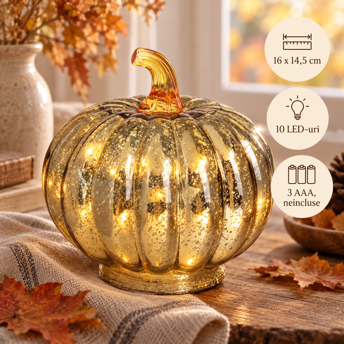 Dovleac Auriu Din Sticla Cu Lumina LED De Toamna - specificatii - Shopiens