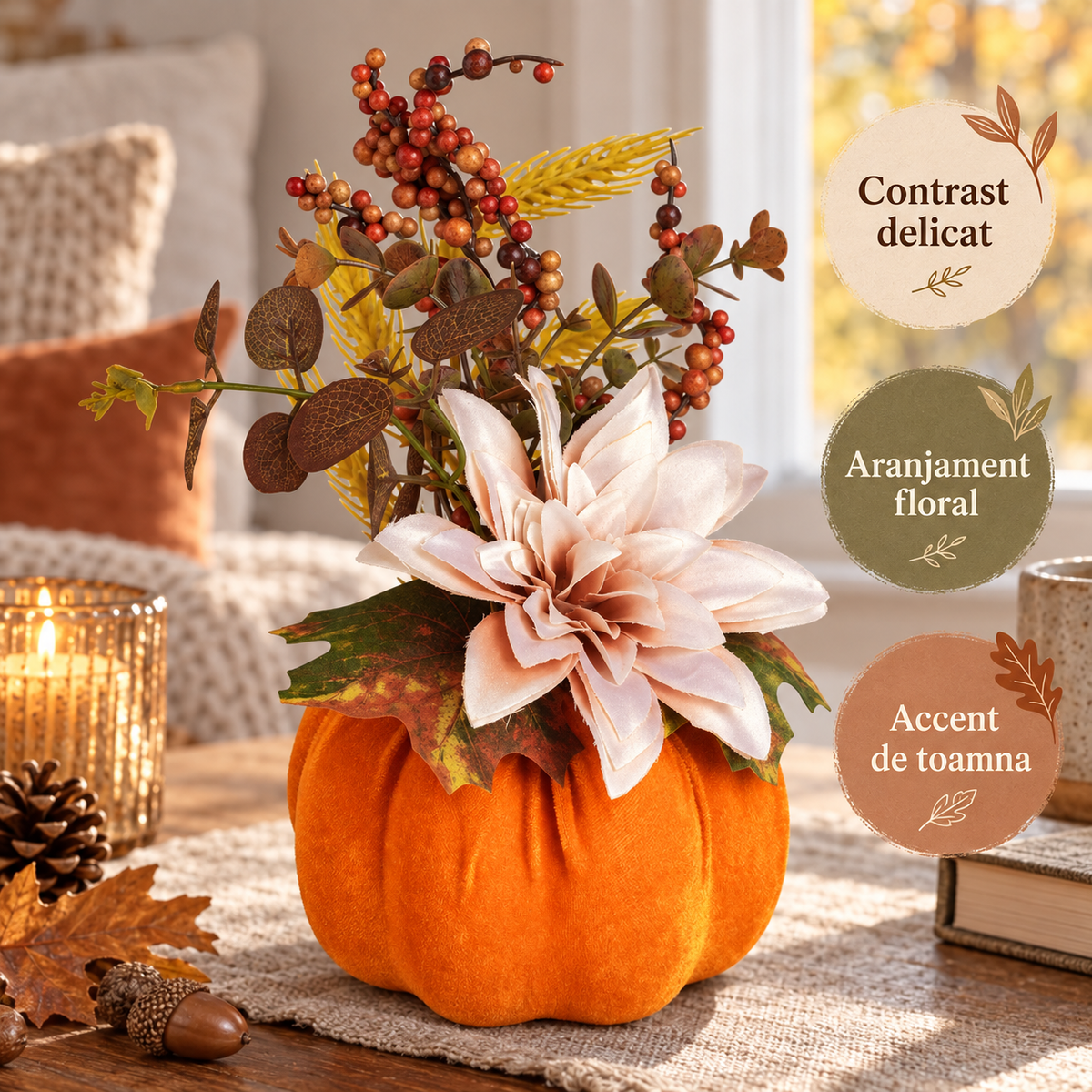 Dovleac Catifelat Cu Floare Si Ramuri Decorative, 30 Cm - avantaje - Shopiens
