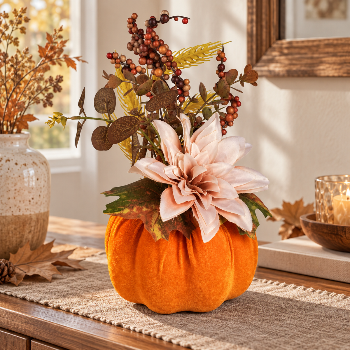 Dovleac Catifelat Cu Floare Si Ramuri Decorative, 30 Cm - in folosinta 1 - Shopiens