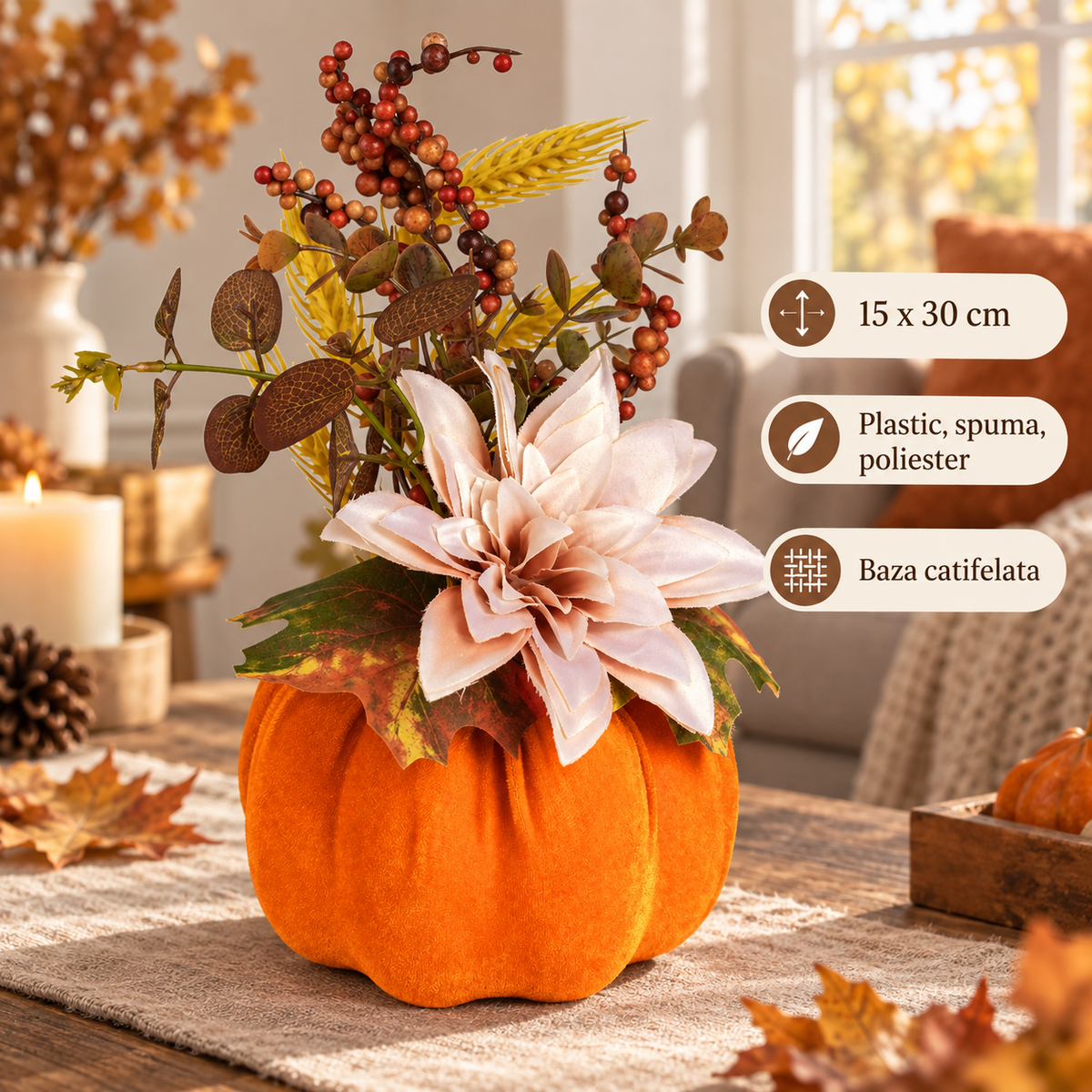 Dovleac Catifelat Cu Floare Si Ramuri Decorative, 30 Cm - specificatii - Shopiens