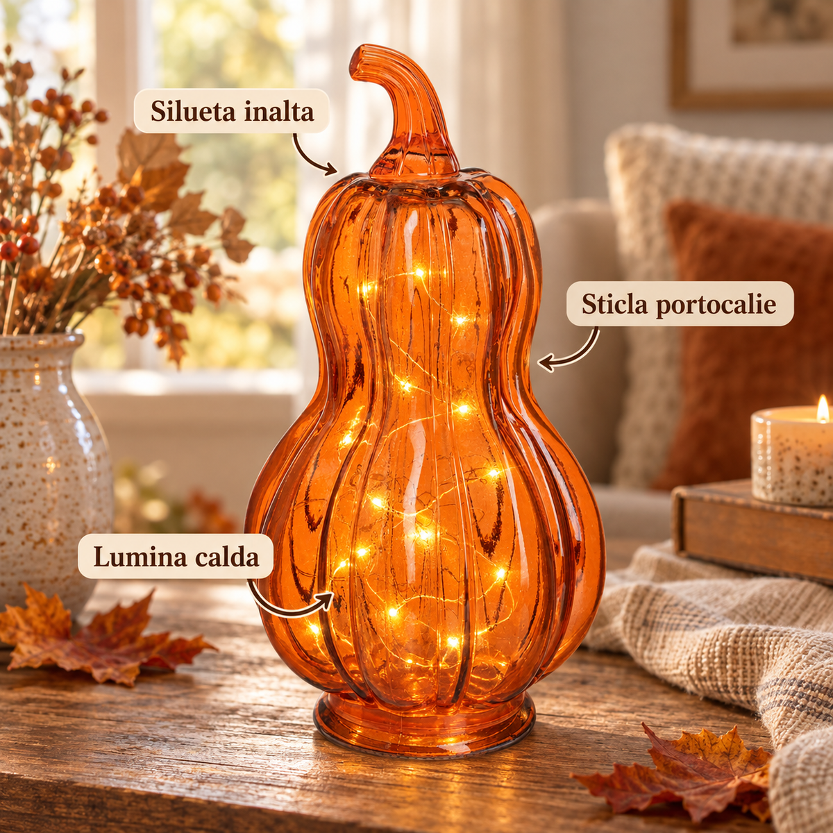 Dovleac Inalt Din Sticla Portocalie Cu 10 LED-Uri - avantaje - Shopiens