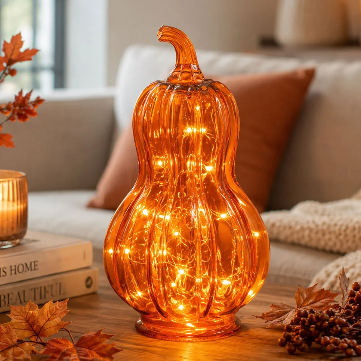 Dovleac Inalt Din Sticla Portocalie Cu 10 LED-Uri - lifestyle principala - Shopiens