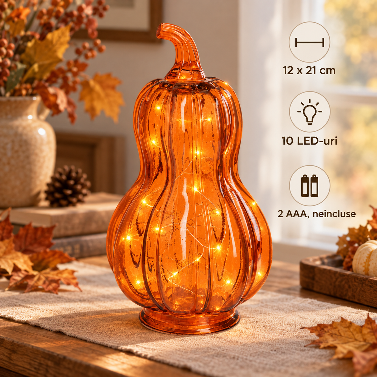 Dovleac Inalt Din Sticla Portocalie Cu 10 LED-Uri - specificatii - Shopiens