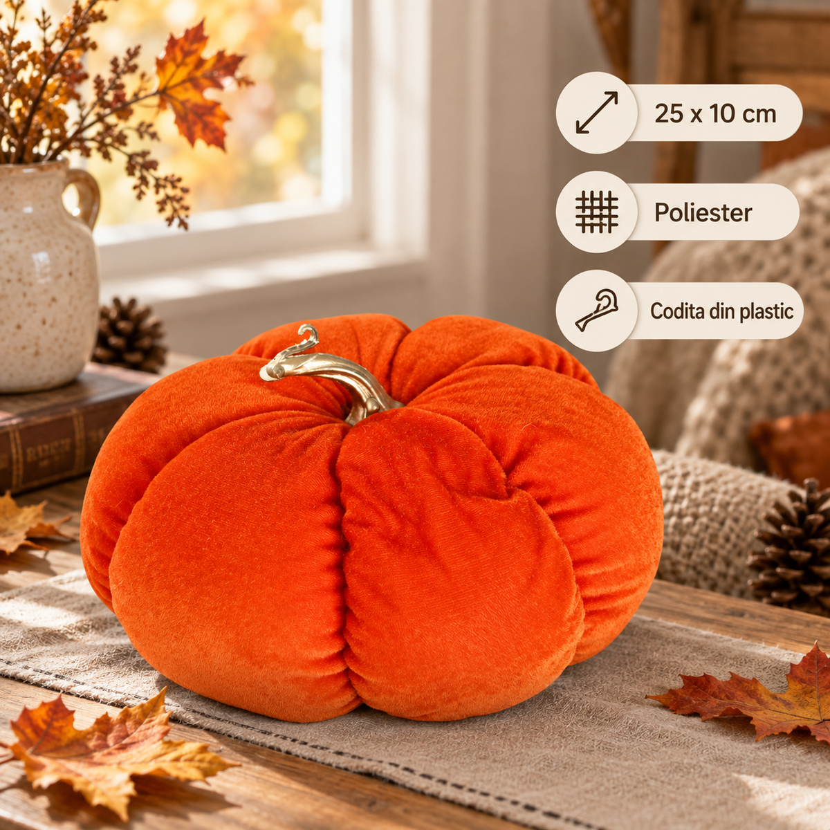 Dovleac Moale Portocaliu Cu Codita Aurie, 25 X 10 Cm - specificatii - Shopiens
