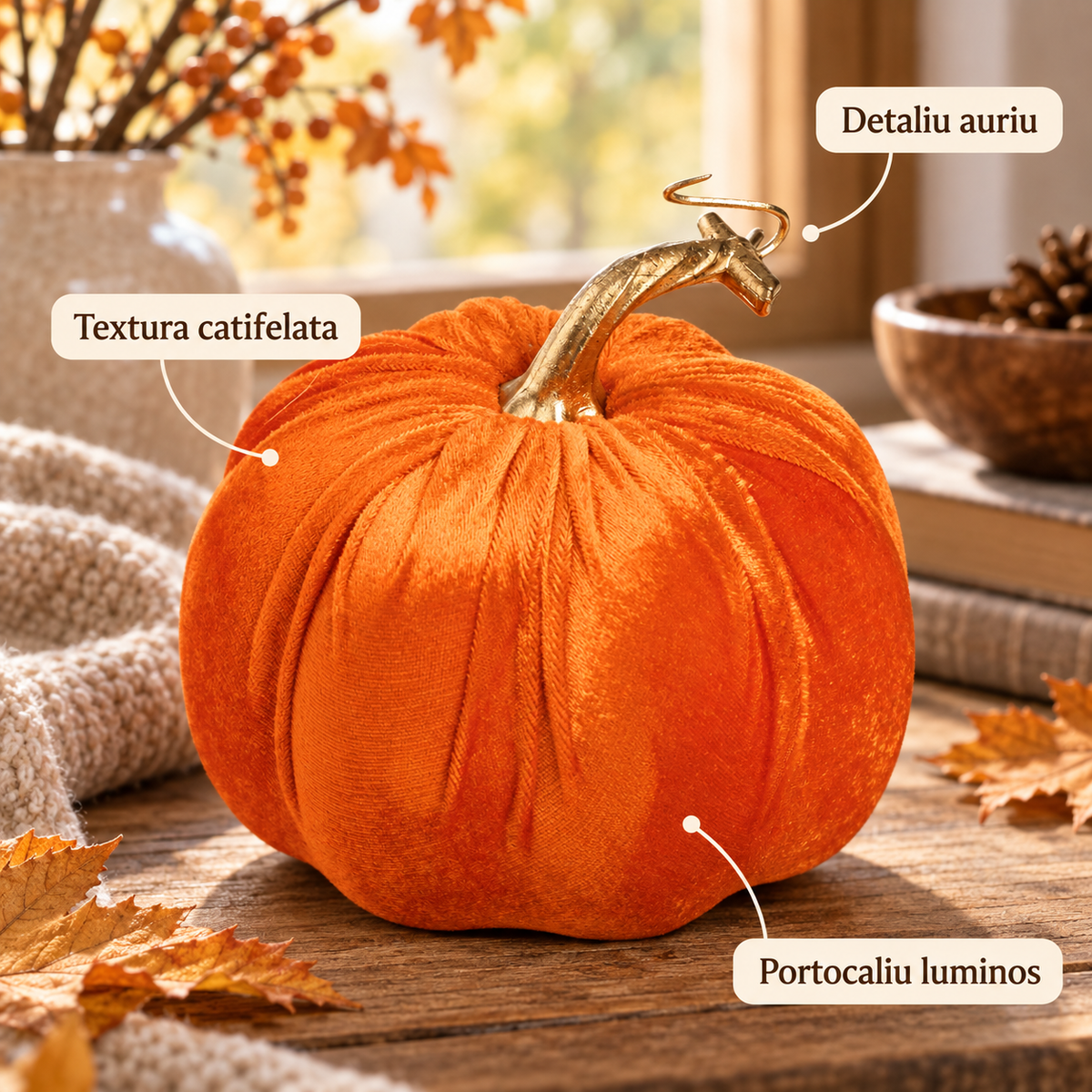 Dovleac Portocaliu Catifelat Cu Tulpina Aurie, 14 Cm - avantaje - Shopiens