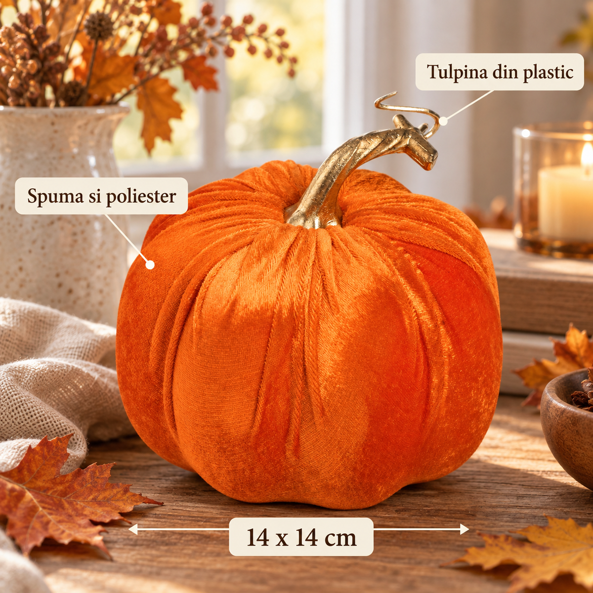 Dovleac Portocaliu Catifelat Cu Tulpina Aurie, 14 Cm - specificatii - Shopiens