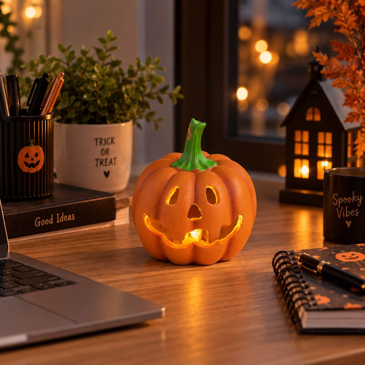 Dovleac Portocaliu Din Polirasina Cu LED, Halloween 12 Cm - Shopiens