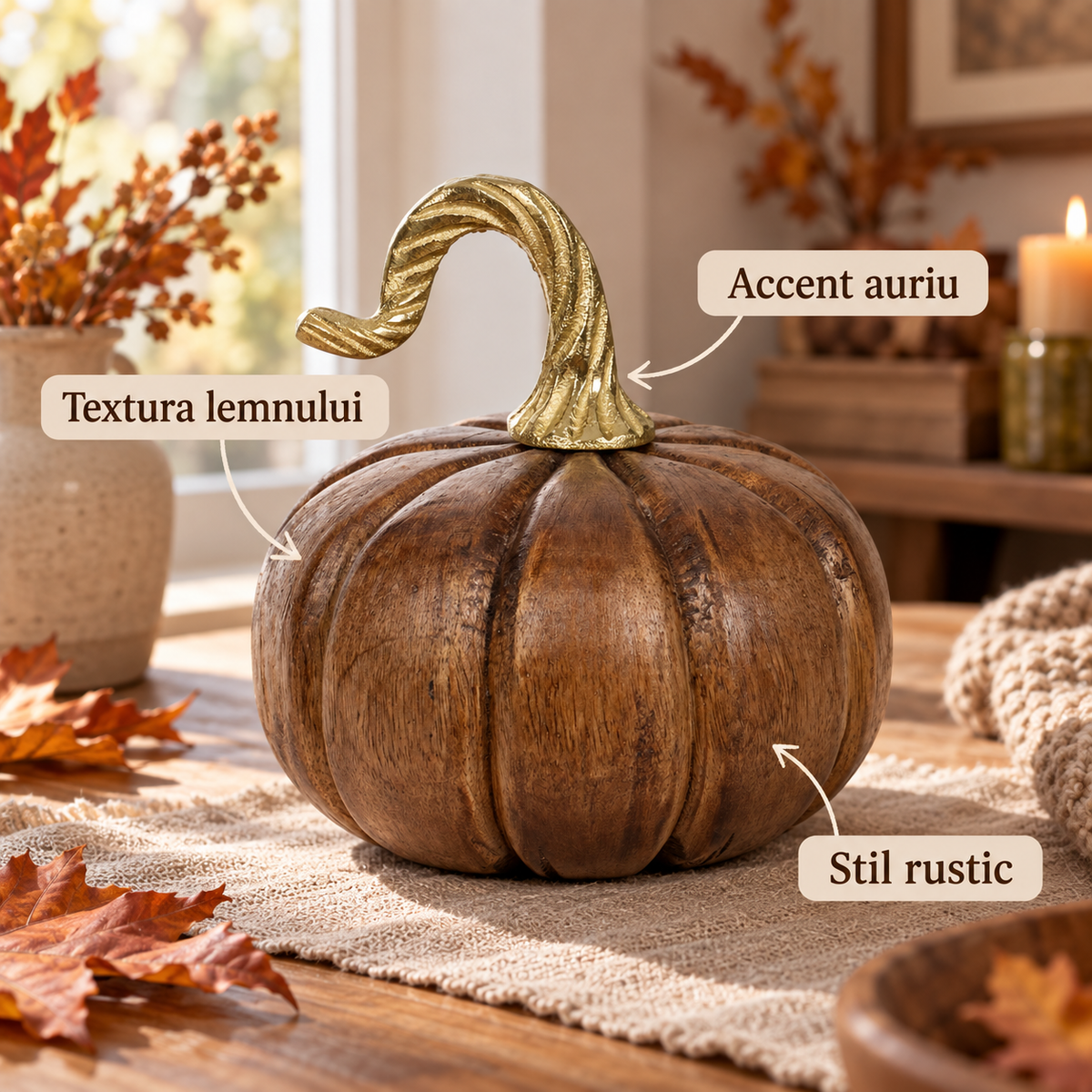 Dovleac Rustic Din Lemn Cu Accent Auriu, 14 X 15 Cm - avantaje - Shopiens