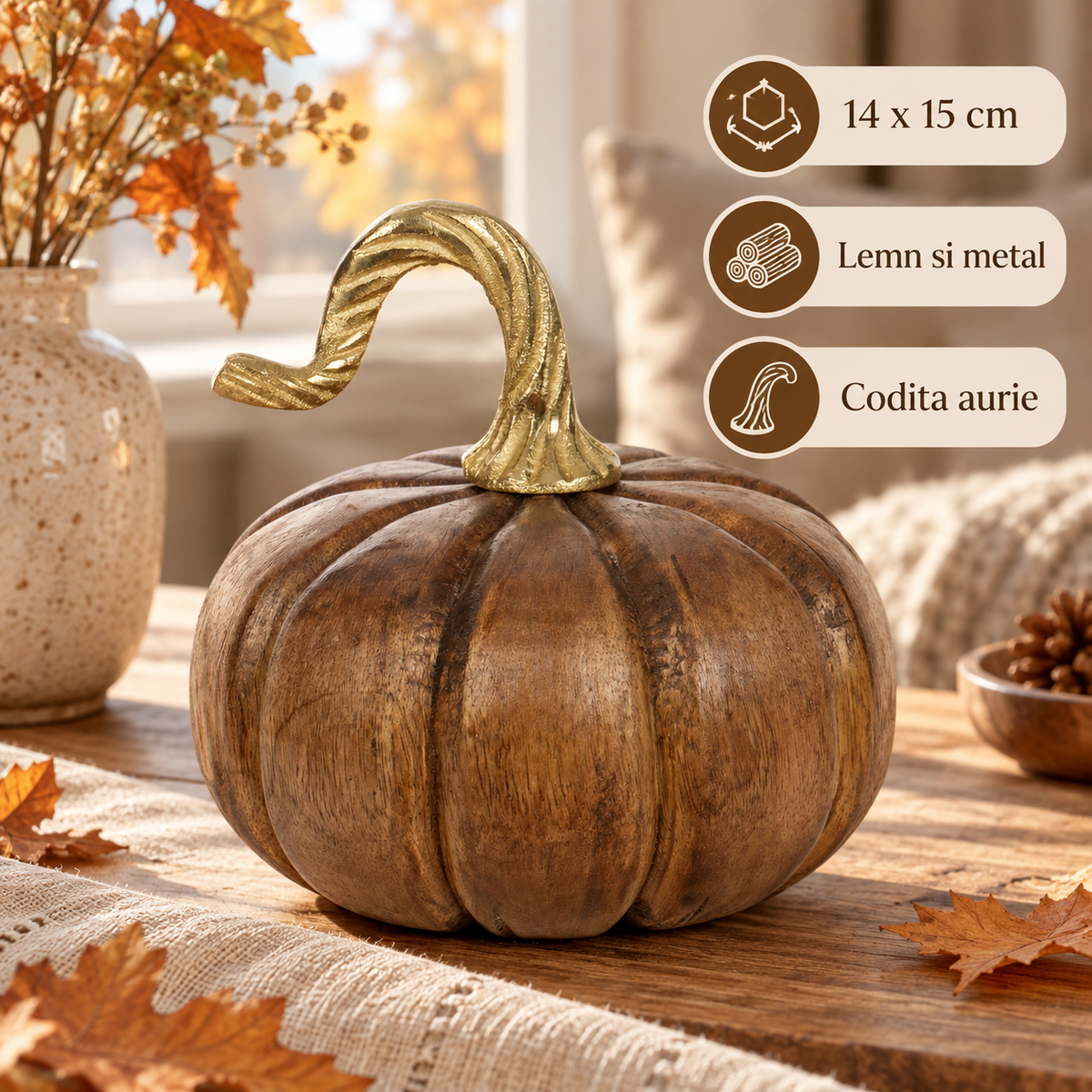 Dovleac Rustic Din Lemn Cu Accent Auriu, 14 X 15 Cm - specificatii - Shopiens