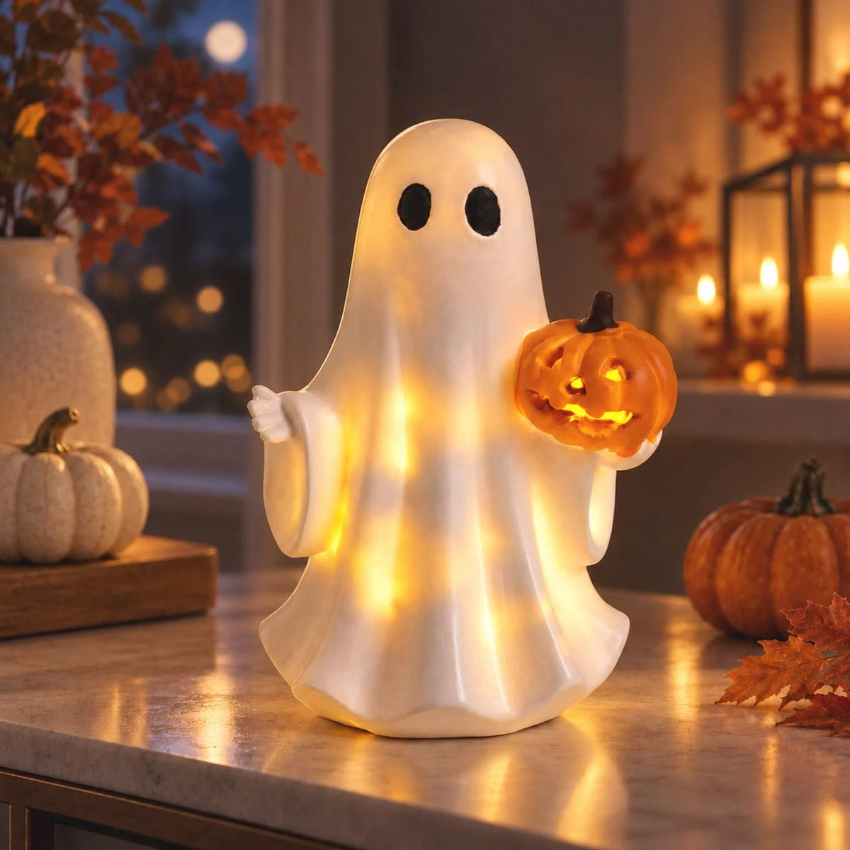 Fantoma Alba Cu Dovleac Si LED, Figurina Halloween De 16 Cm - Shopiens