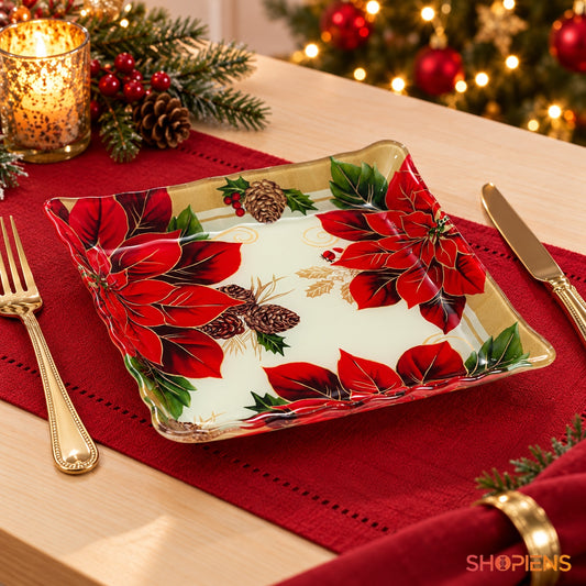 Farfurie din sticlă cu crăciunițe și vâsc, 17 × 17 cm, pe masa festivă de Crăciun, decor neinclus | Shopiens®