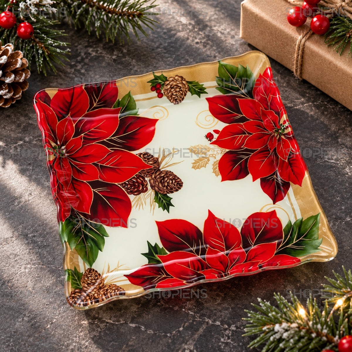 Farfurie din sticlă cu crăciunițe și vâsc, 17 × 17 cm, în decor alternativ de Crăciun, decor neinclus | Shopiens®