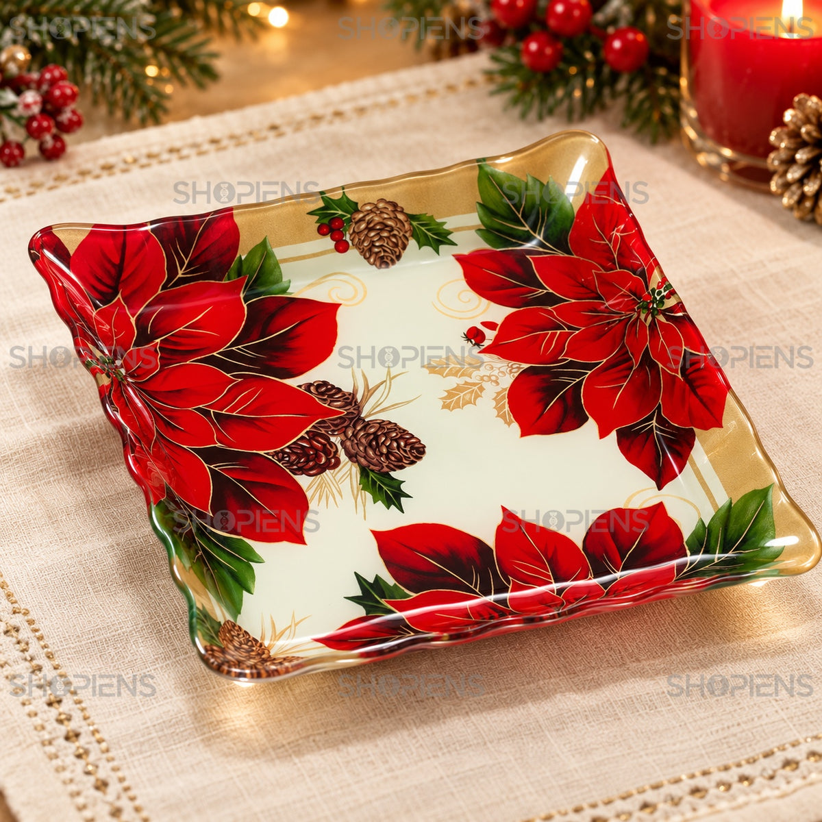 Farfurie din sticlă cu crăciunițe și vâsc, 17 × 17 cm, detaliu al designului, decor neinclus | Shopiens®