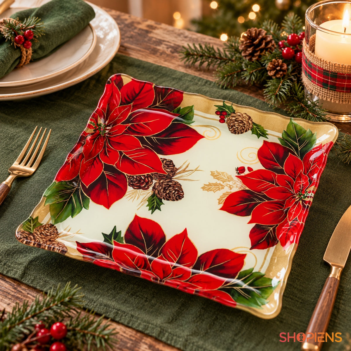 Farfurie din sticlă cu crăciunițe și vâsc, 25 × 25 cm, pe masa festivă de Crăciun, decor neinclus | Shopiens®