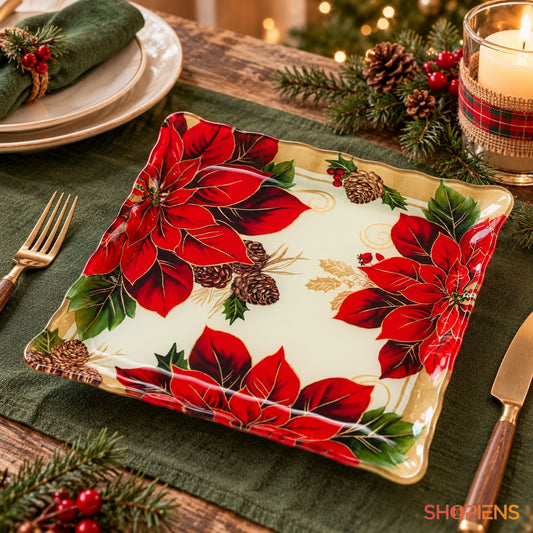 Farfurie din sticlă cu crăciunițe și vâsc, 25 × 25 cm, pe masa festivă de Crăciun, decor neinclus | Shopiens®