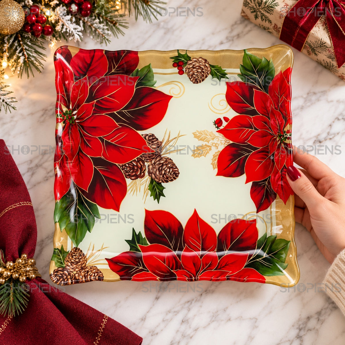 Farfurie din sticlă cu crăciunițe și vâsc, 25 × 25 cm, în decor alternativ de Crăciun, decor neinclus | Shopiens®