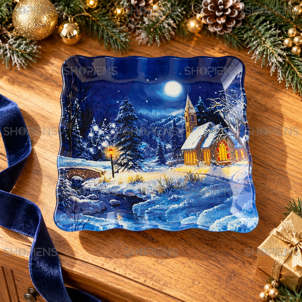 Farfurie din sticlă cu peisaj de noapte albastră, 17 × 17 cm, în decor alternativ de Crăciun, decor neinclus | Shopiens®