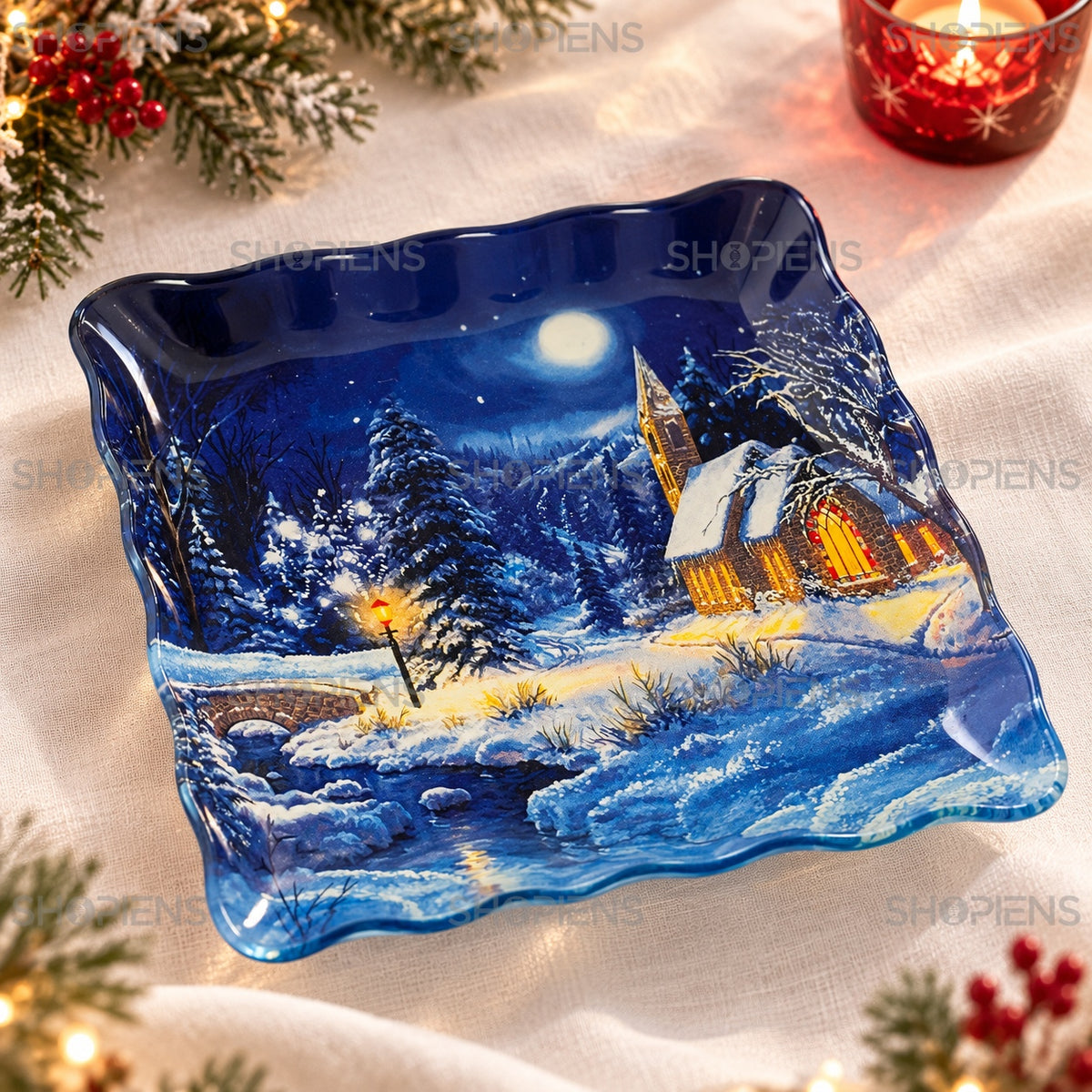Farfurie din sticlă cu peisaj de noapte albastră, 17 × 17 cm, detaliu al designului, decor neinclus | Shopiens®