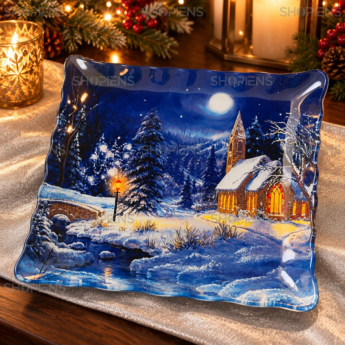 Farfurie din sticlă cu peisaj de noapte albastră, 25 × 25 cm, detaliu al designului, decor neinclus | Shopiens®