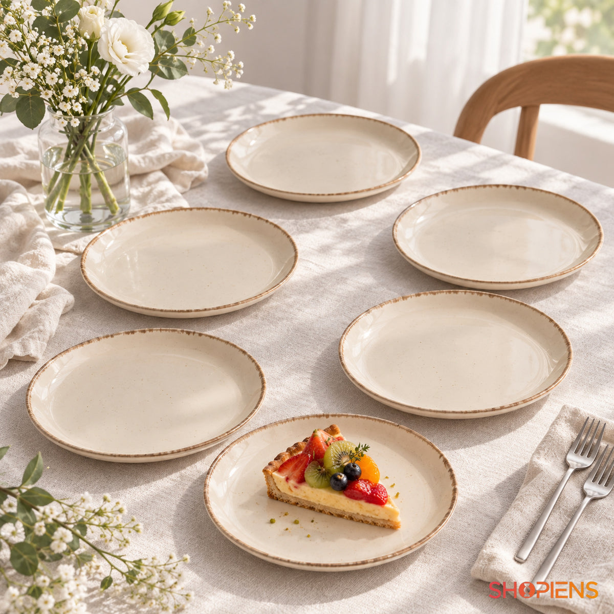 Set de 6 farfurii bej cu margine brună