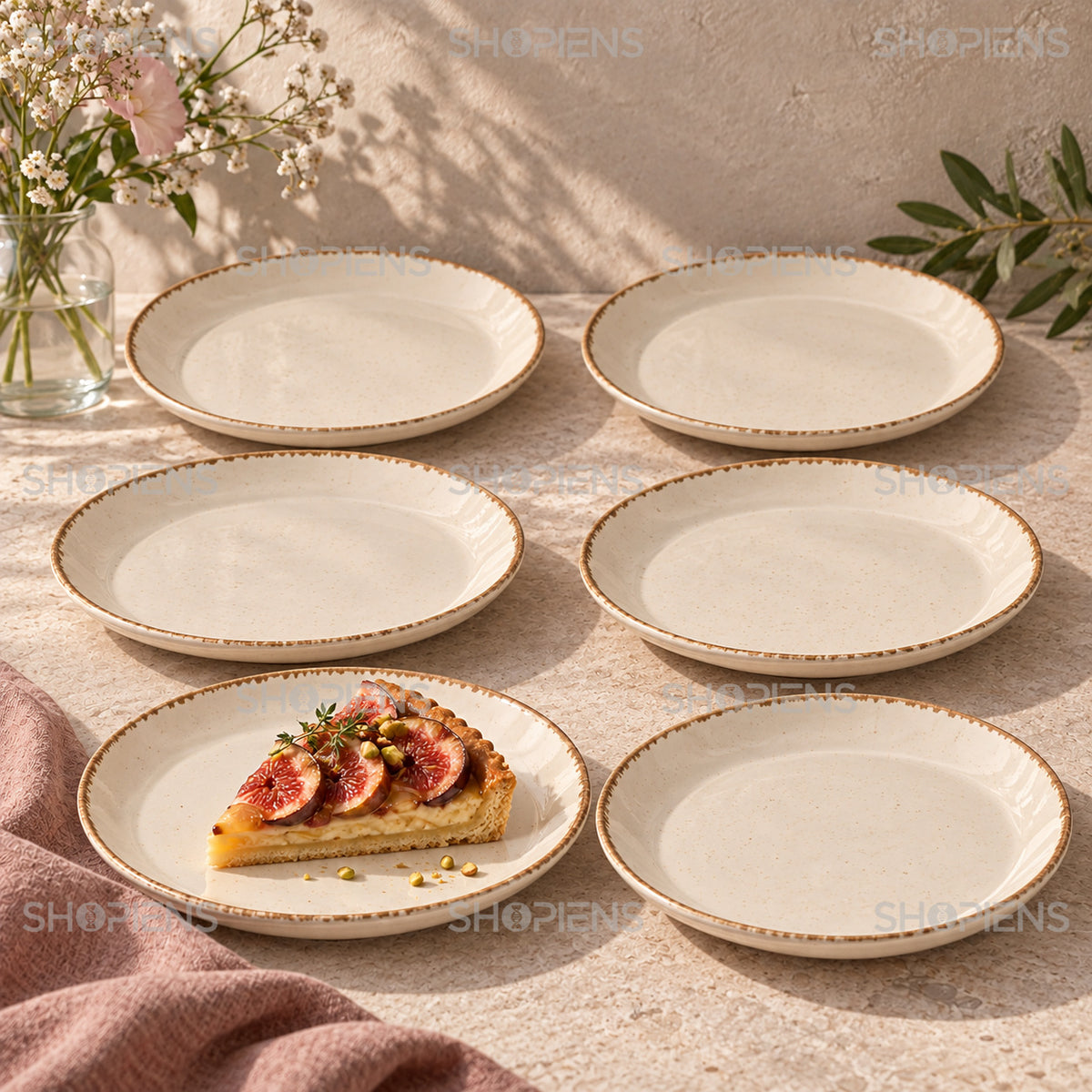 Set de 6 farfurii bej cu margine brună