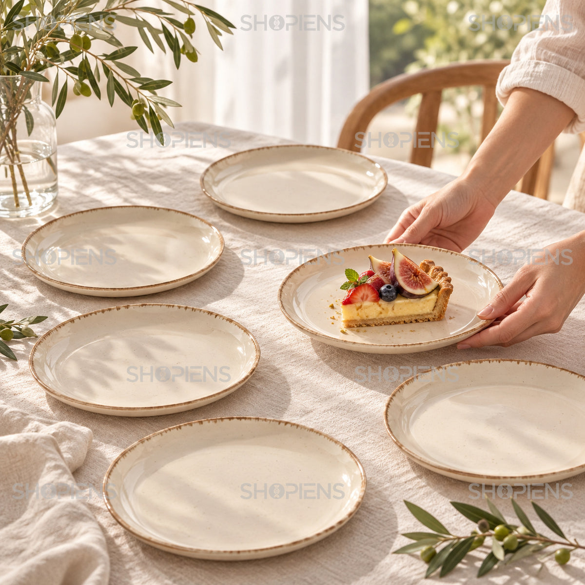 Set de 6 farfurii bej cu margine brună