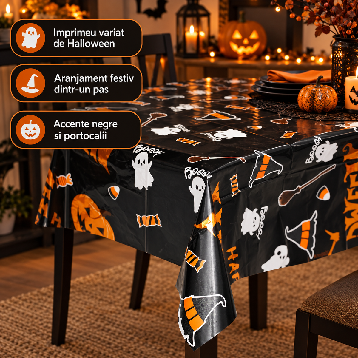 Fata De Masa Happy Halloween Cu Dovleci, 183 X 137 Cm - avantaje - Shopiens