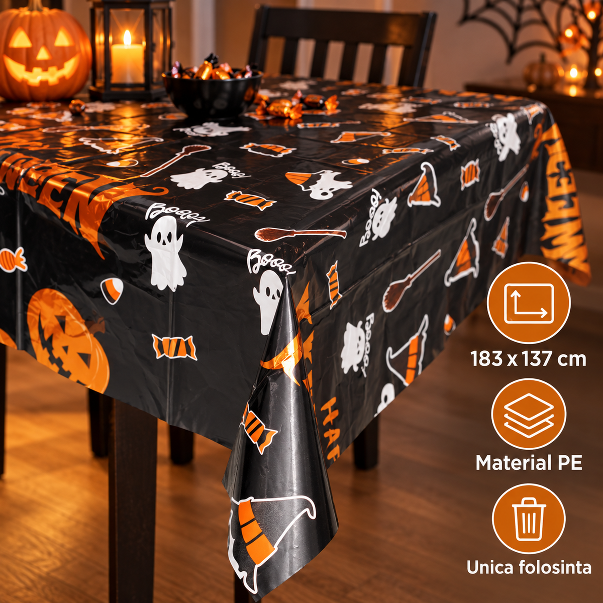Fata De Masa Happy Halloween Cu Dovleci, 183 X 137 Cm - specificatii - Shopiens