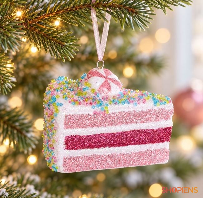 Felie de tort roz 3D cu glitter și mărgele, 9 cm, în brad, decor neinclus | Shopiens®