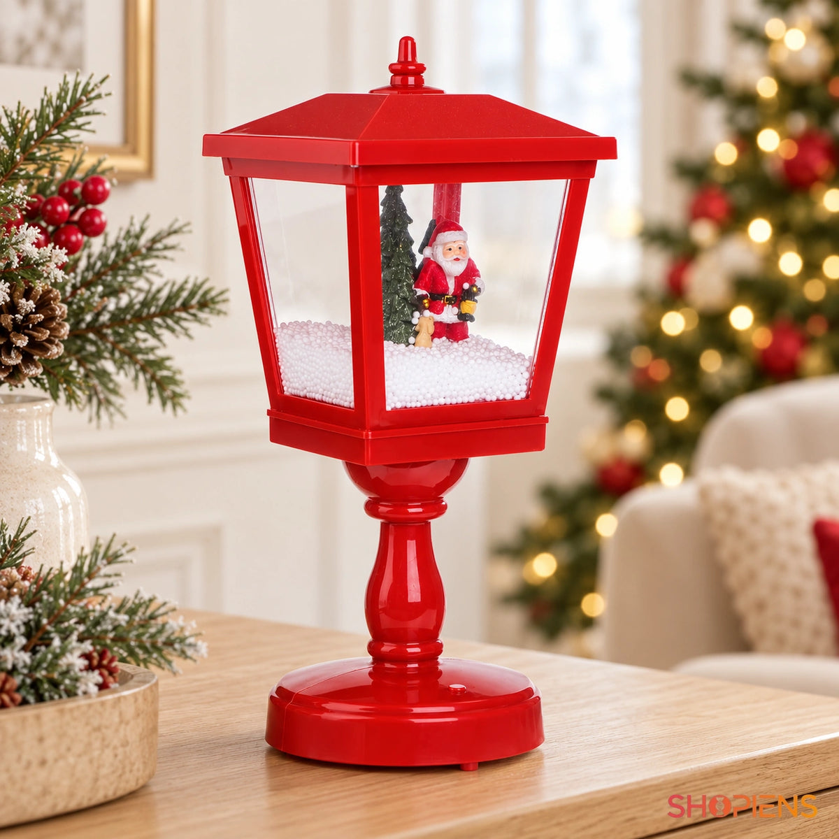 Felinar roșu cu zăpadă automată și muzică, 33 cm în decor luminos de Crăciun | Shopiens®
