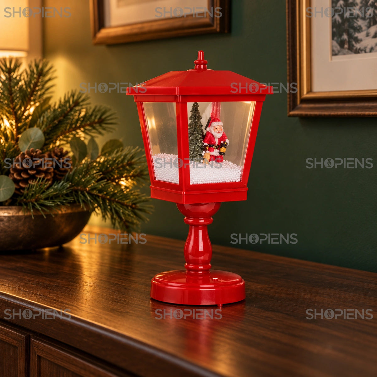 Felinar roșu cu zăpadă automată și muzică, 33 cm în decor festiv de seară | Shopiens®