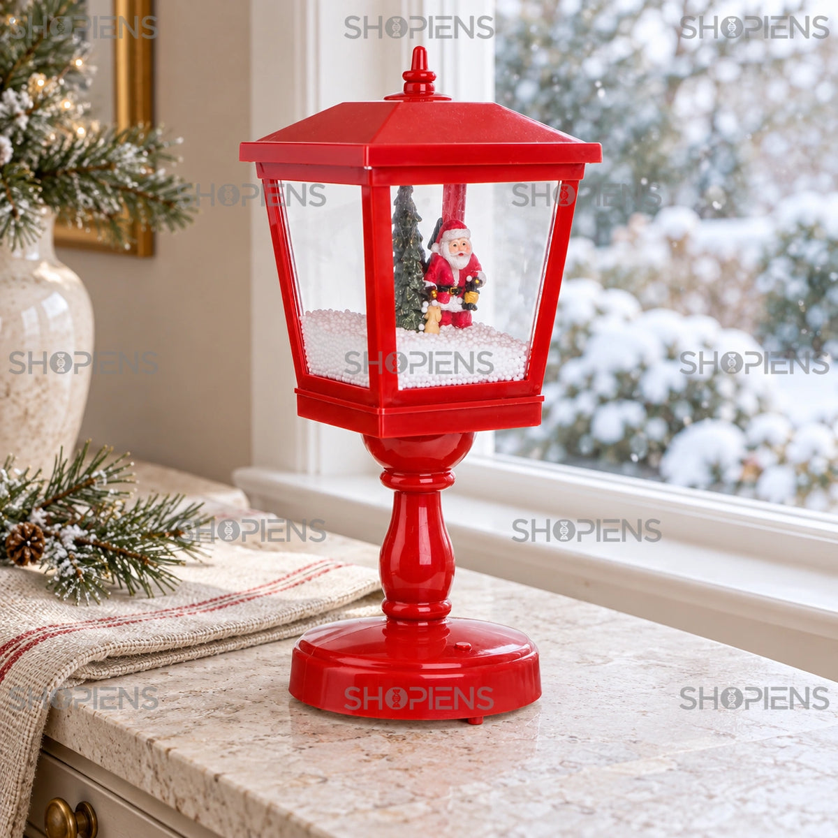 Felinar roșu cu zăpadă automată și muzică, 33 cm lângă fereastră, în decor de iarnă | Shopiens®